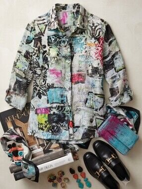 Ali Miles Wearable Art Button Down Collared Shirt Blouse